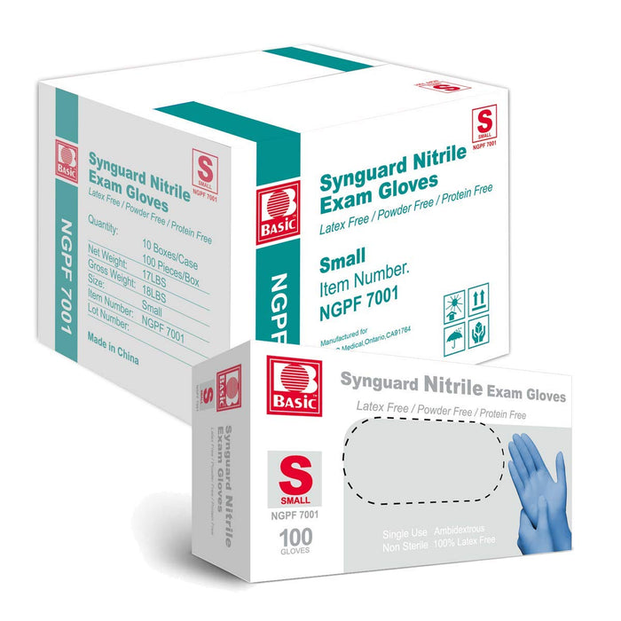 Basic Medical Blue Nitrile Exam Gloves - Latex-Free & Powder-Free - NGPF-7001(Case of 1,000),Small
